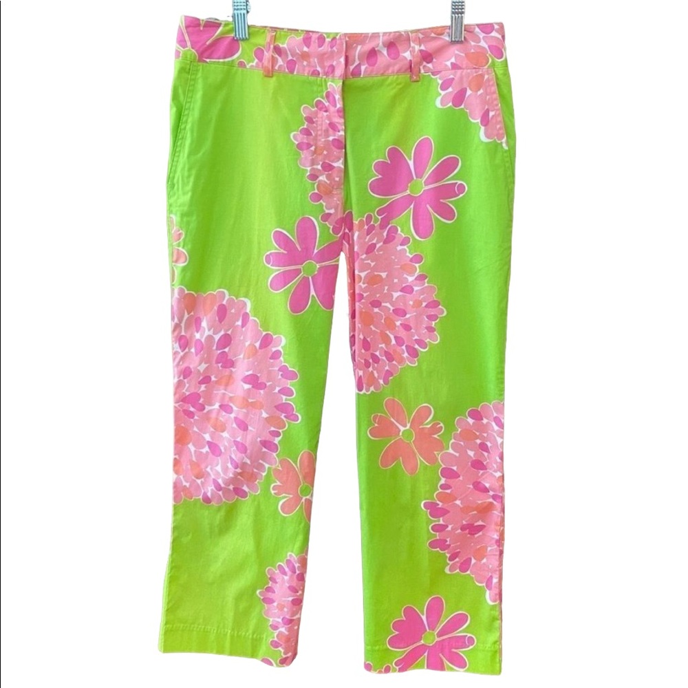 Lilly Pulitzer Sz 6 Green Bon Bon Vintage Wide Leg Cotton Hippie Flower Pants
